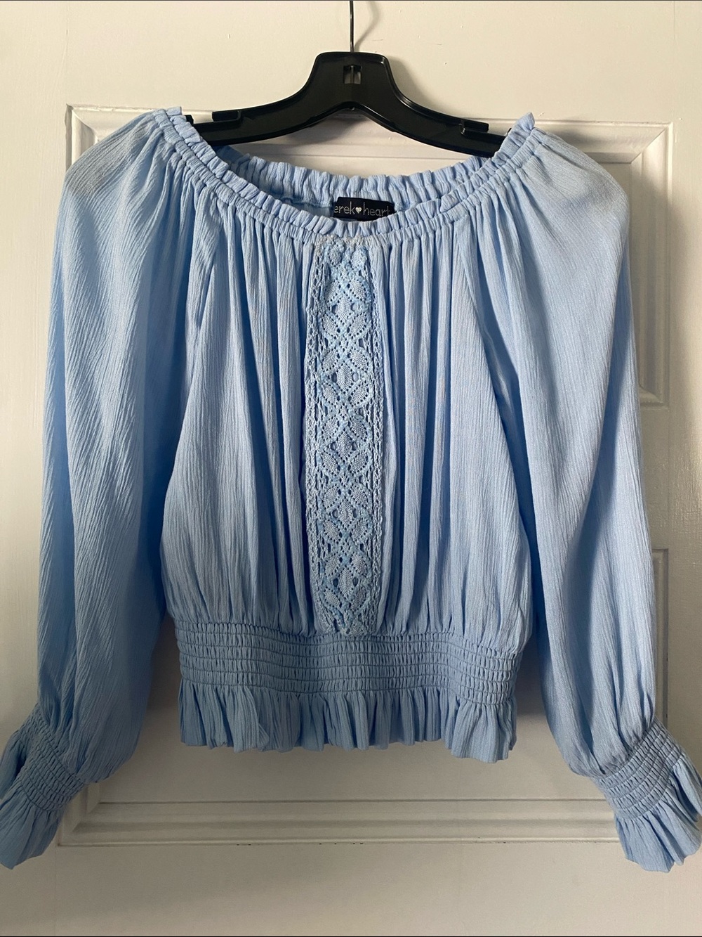 Derek Heart Light Blue Lace-Front Off-Shoulder Blouse